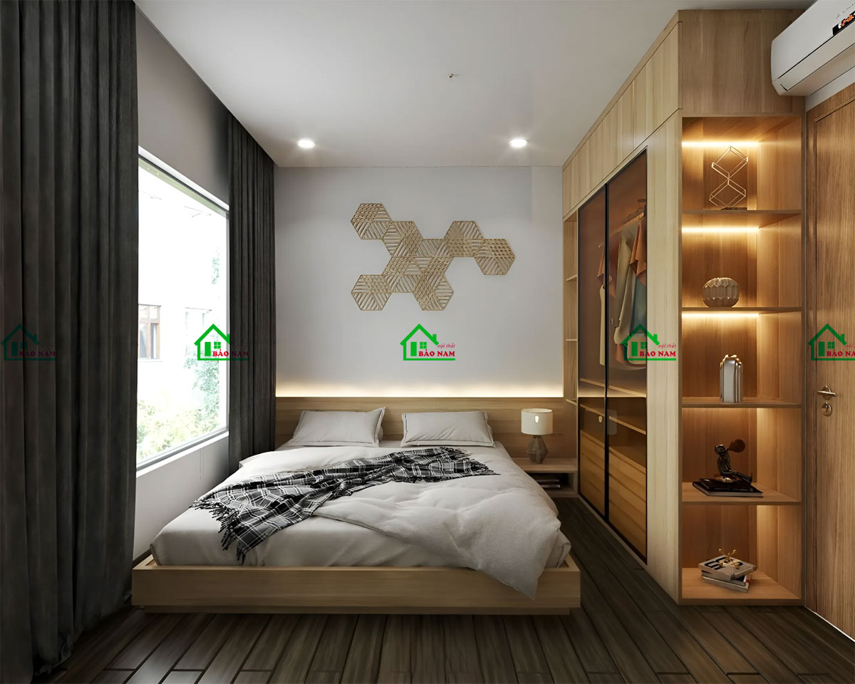 Giường ngủ mdf màu vân gỗ hiện đại