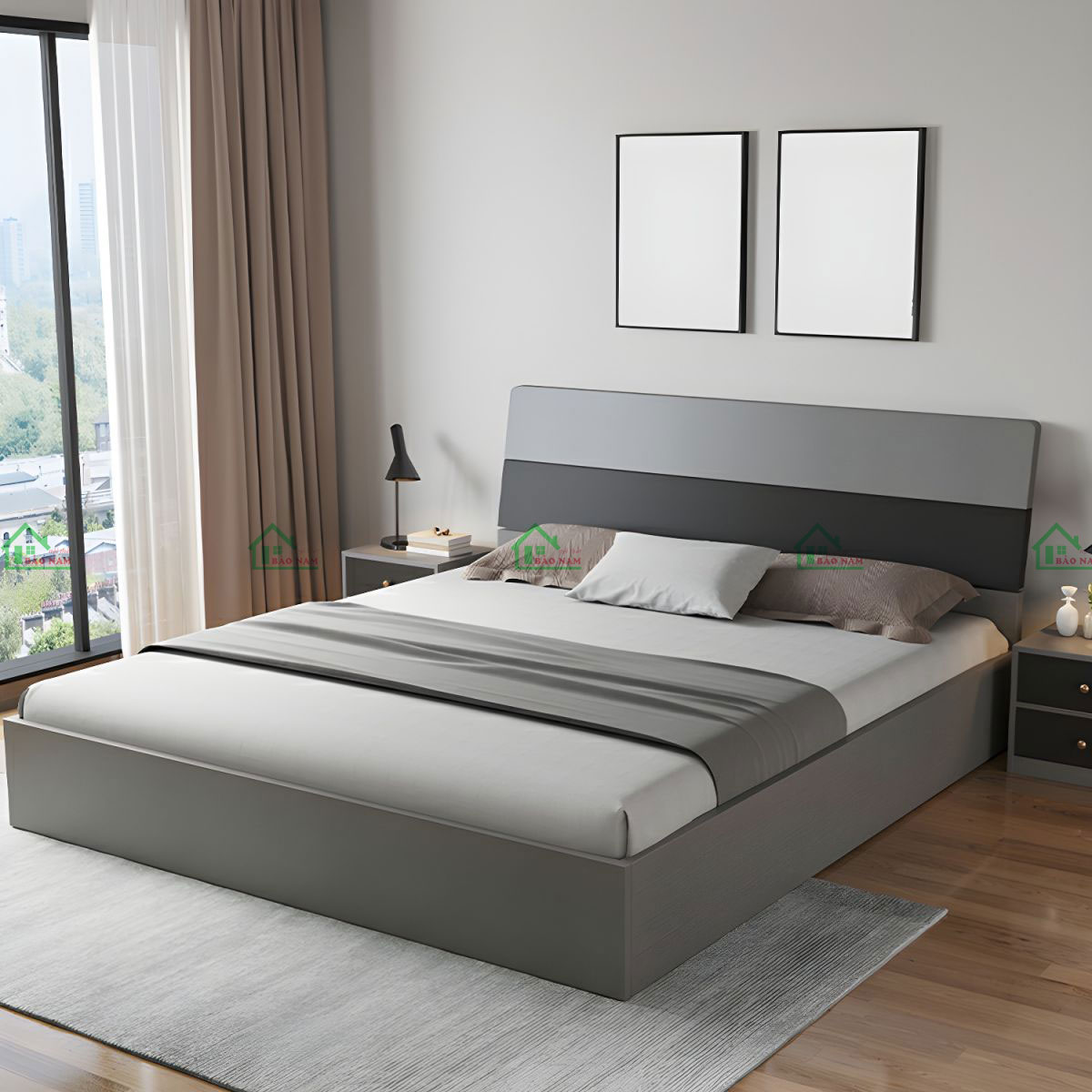 Giường ngủ gỗ MDF màu xám hiện đại