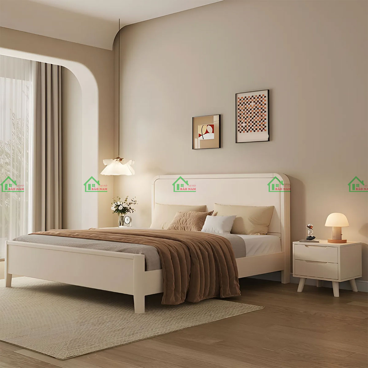 Giường ngủ gỗ tự nhiên hiện đại sơn màu đơn sắc