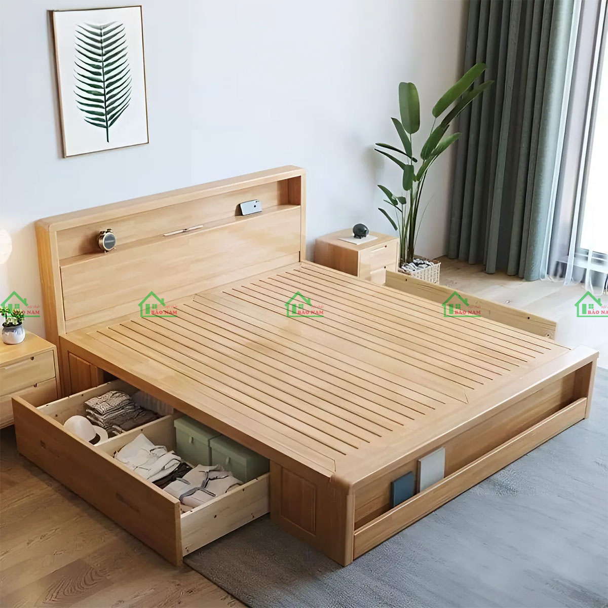 Giường hộp gỗ tự nhiên có ngăn kéo tiện ích