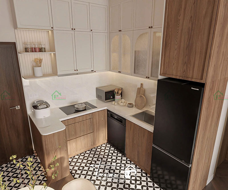 Tủ bếp Chữ U Laminate màu gỗ – ấm cúng, gần gũi