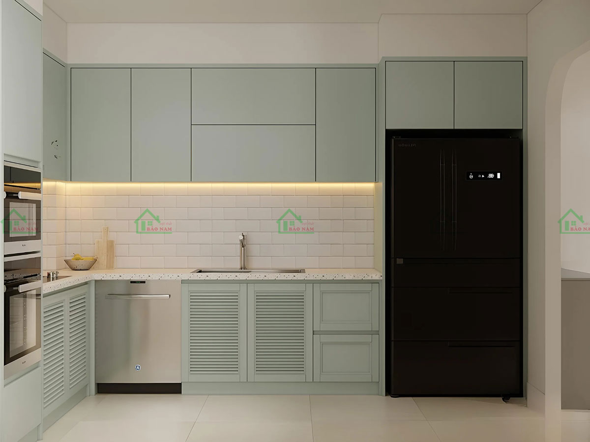 Mẫu tủ bếp hiện đại với màu xanh pastel nhẹ nhàng, giúp không gian sạch sẽ.
