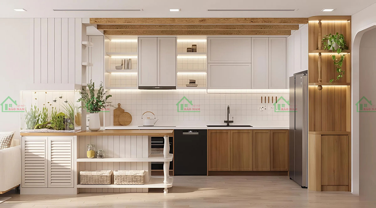 Mẫu tủ bếp màu trắng và gỗ tự nhiên, mang lại vẻ đẹp ấm cúng cho không gian nướng.