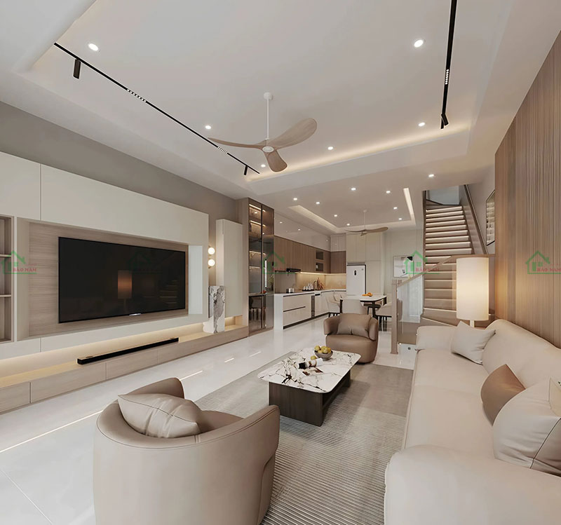 Thiết kế nội thất căn hộ 60m²: Sự kết hợp hài hòa giữa màu sắc trung tính và vân gỗ tự nhiên.