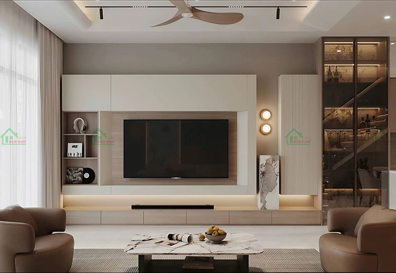 Tủ TV hiện đại với hệ thống đèn led âm thanh, kệ trang trí, tạo điểm nhấn cho phòng khách căn hộ 2 phòng ngủ 60m²