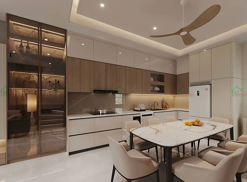 Thiết kế phòng bếp mở, liền kề phòng khách, giúp mở rộng không gian và tạo sự thông thoáng cho căn hộ