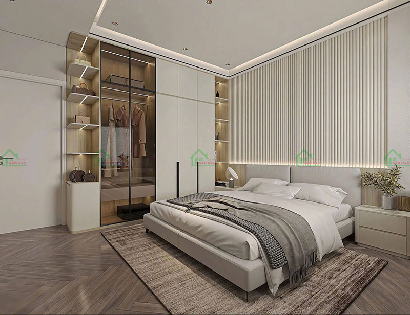 Sự kết hợp giữa nội thất màu vân gỗ và ánh sáng ấm áp, mang lại cảm giác bình yên.