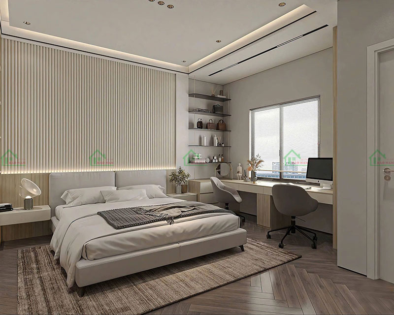 Phòng ngủ thoáng đãng với bàn làm việc tiện nghi, ánh sáng tự nhiên chiếu vào, phù hợp với phong cách sống hiện đại.