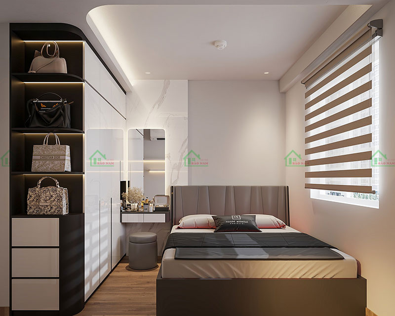 Phòng ngủ với tủ quần áo cao cấp và góc trang điểm, thiết kế đơn giản nhưng sang trọng, phù hợp với phong cách sống năng động.