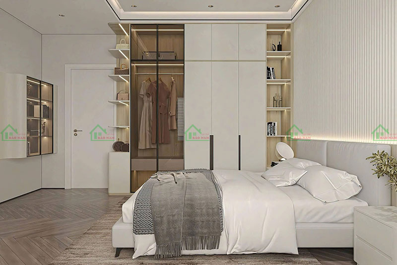 Phòng ngủ Scandinavian với tủ quần áo tối giản, màu sắc nhẹ nhàng và ánh sáng tự nhiên, tạo không gian thư giãn.