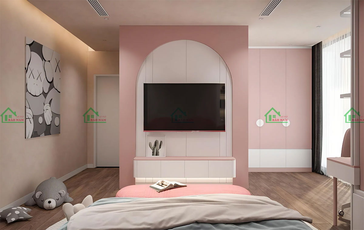 Kệ tivi được thiết kế với dạng vòm tròn, tạo nên điểm nhấn kiến trúc độc đáo