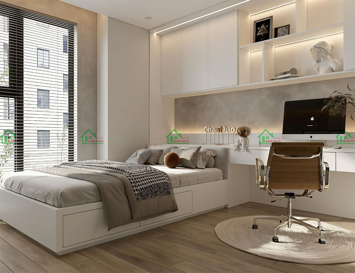 Giường ngủ màu trắng tinh tế, kết hợp bàn làm việc thông minh