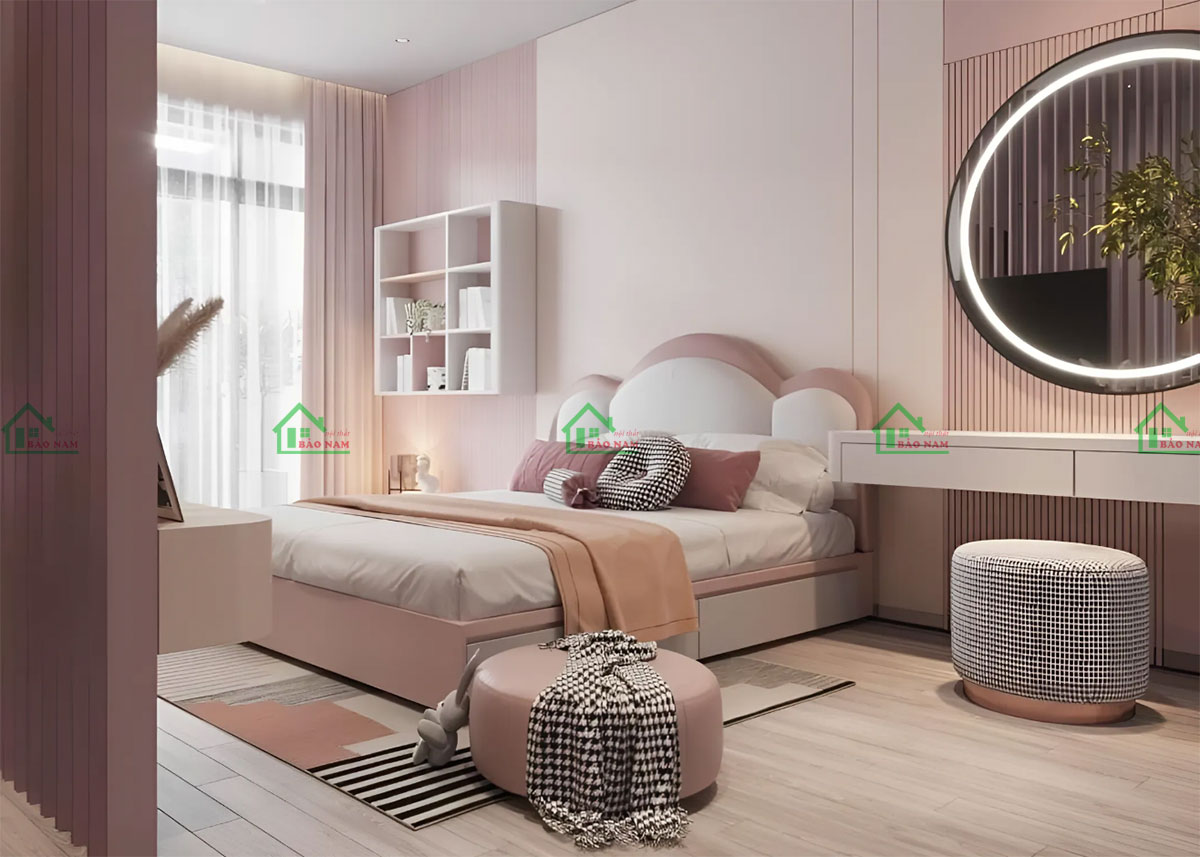 Thiết kế sử dụng tone màu hồng pastel và trắng sáng tạo cảm giác ấm áp và thanh khiết