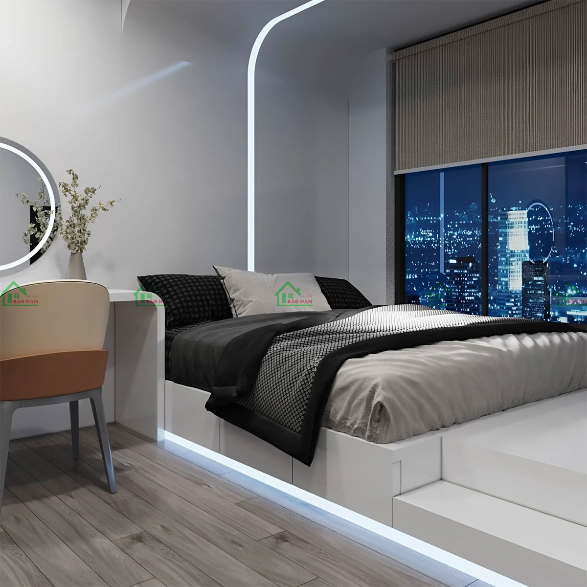 Thiết kế chủ đạo với các tông màu xám, danh dương và trắng mang đến vẻ đẹp tinh tế, thanh lịch