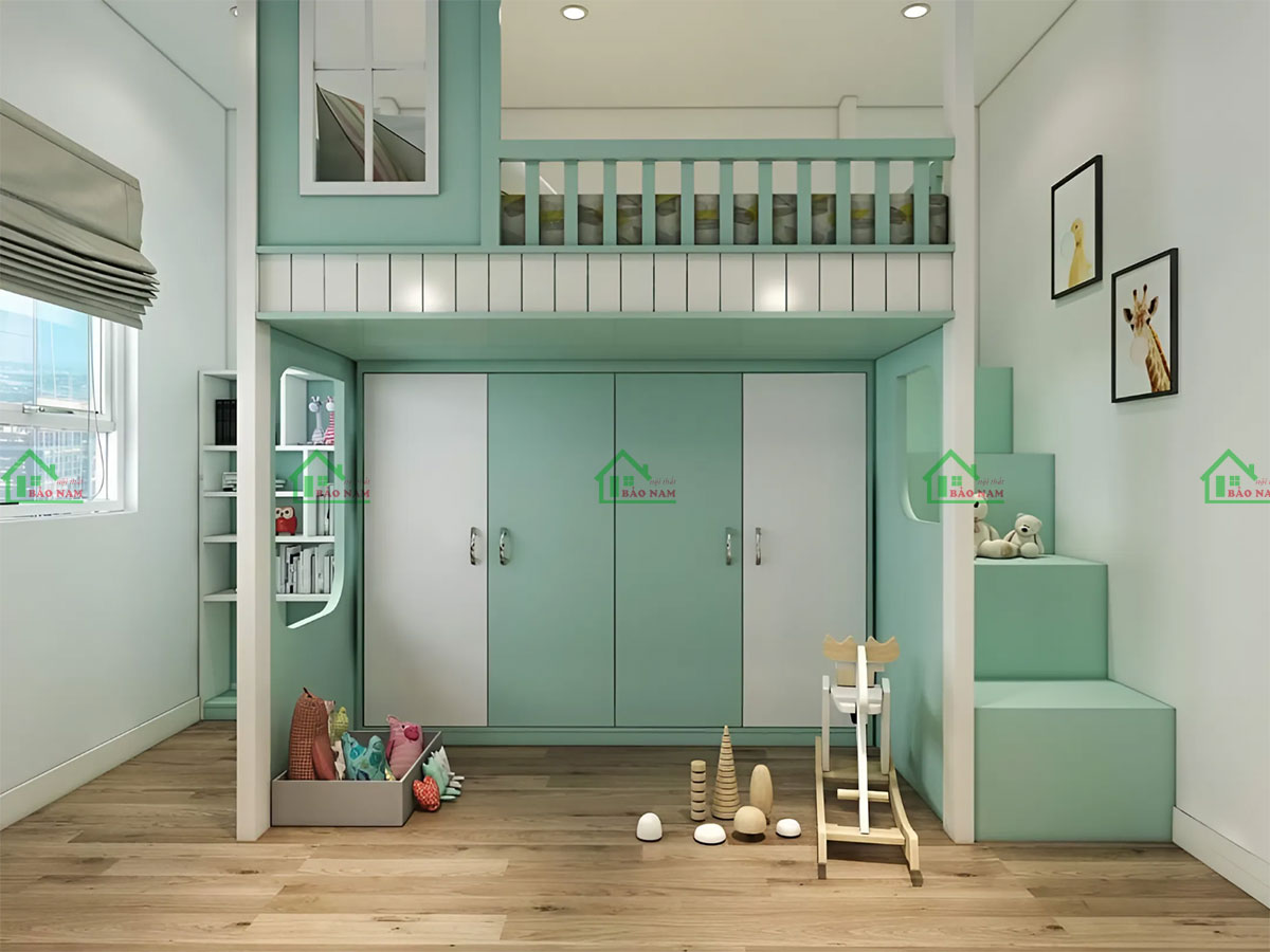 Giường tầng với lan can bảo vệ đầy đủ, tạo không gian riêng cho bé
