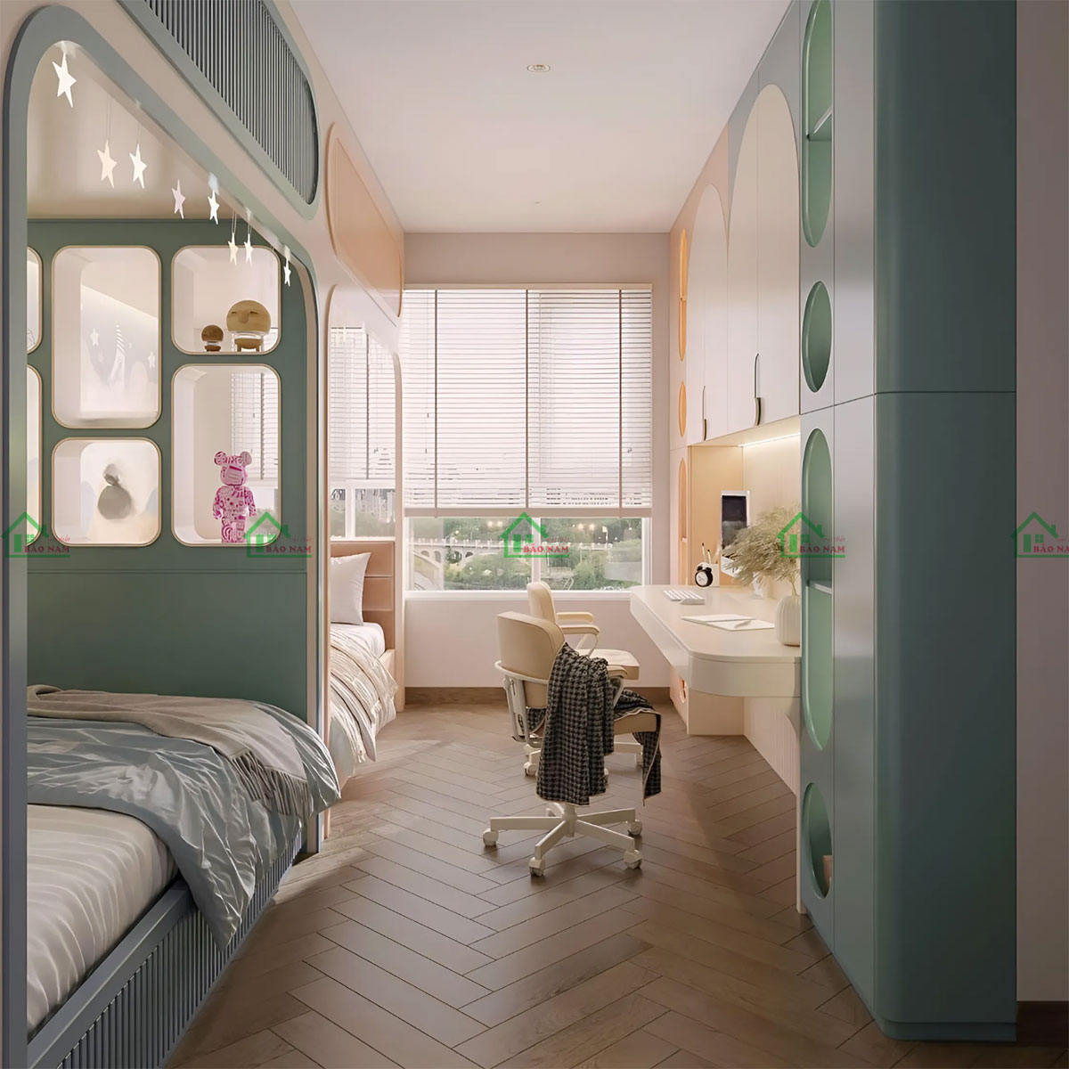Giường ngủ và nội thất được lựa chọn phù hợp cho lứa tuổi, mang lại sự thoải mái, an toàn.