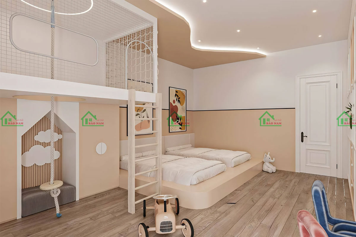 Thiết kế tone màu hồng và be làm chủ đạo, kết hợp các họa tiết trang trí sinh động, thoải mái