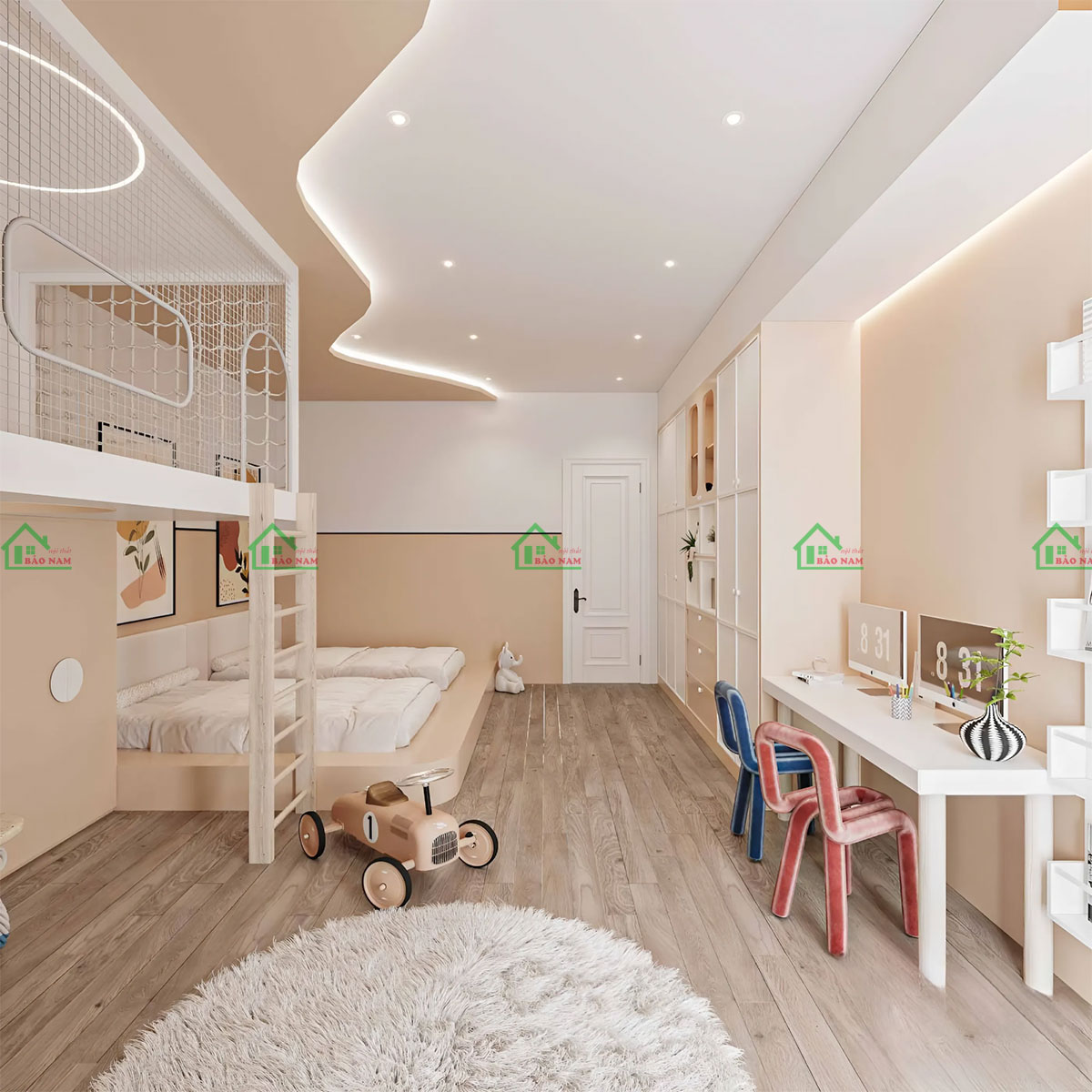 Hệ thống tủ kệ và các tiện ích đa năng như cầu trượt, khu làm việc được bố trí hợp lý, giúp tối ưu hóa không gian.