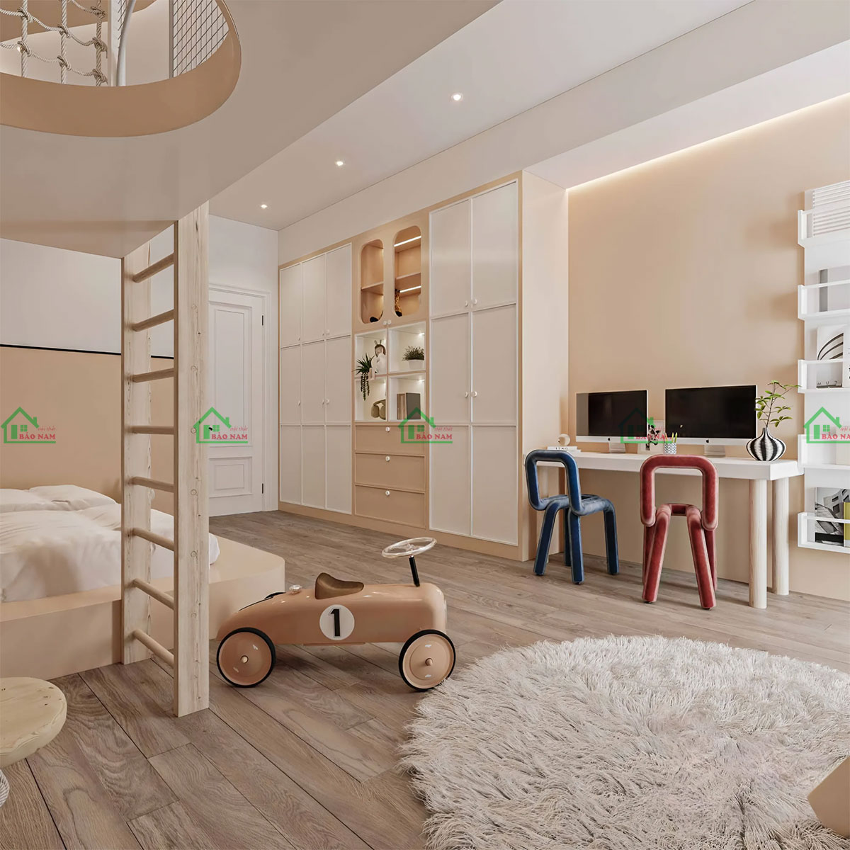 Ánh sáng tự nhiên được đưa vào phòng qua những cửa sổ lớn, giúp không gian luôn thoáng đãng và vui tươi.