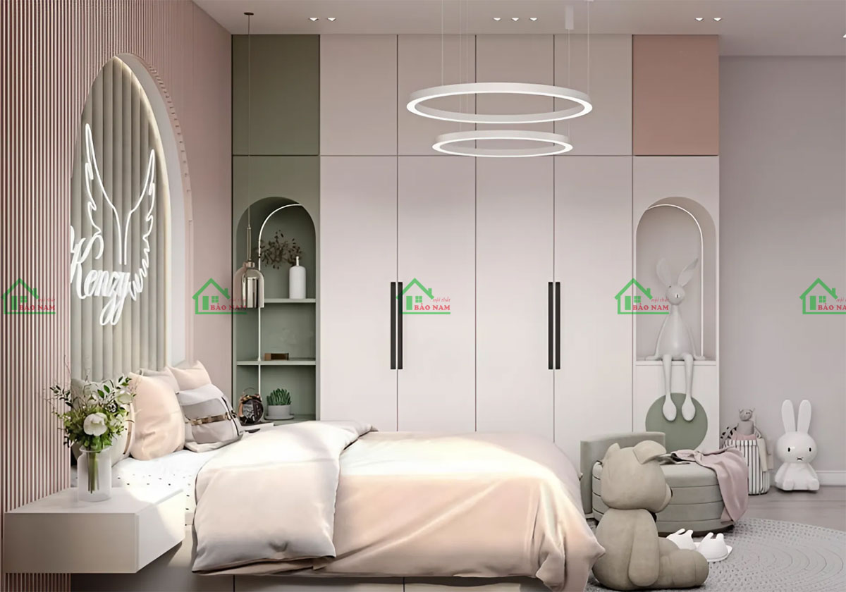Thiết kế phòng ngủ với gam màu hồng và xanh pastel