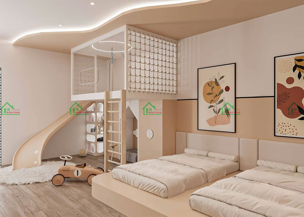 Các chi tiết như gối, đồ chơi, xe nữa người được sắp đặt ăn ý, tạo thêm không khí sinh động cho không gian.