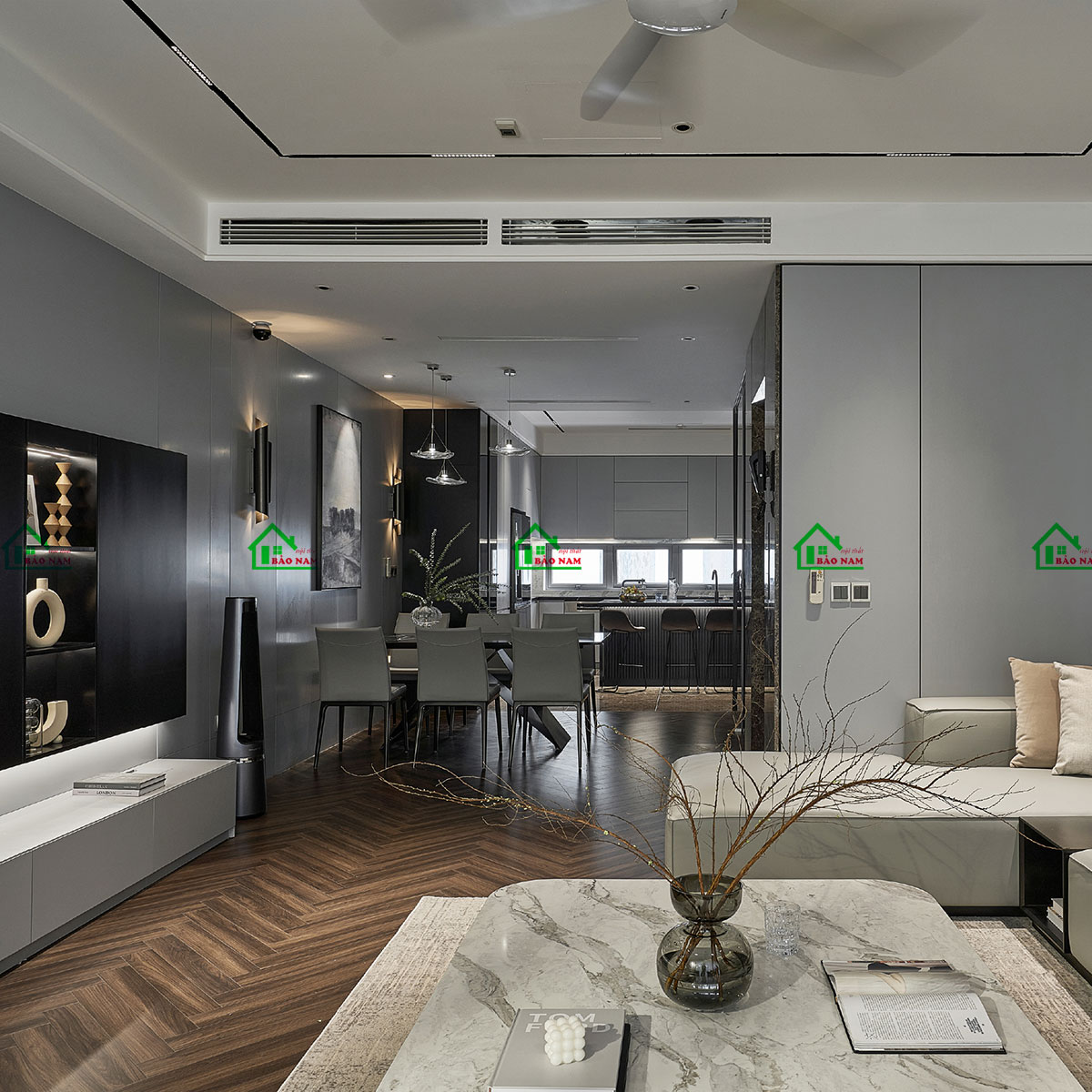 Thiết kế phòng khách hiện đại, sang trọng cho biệt thự tông xám - view 2