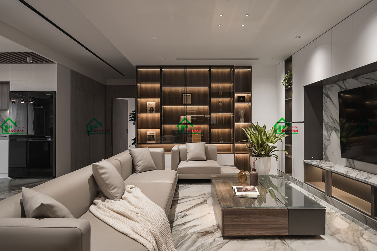 Thiết kế phòng khách hiện đại tối giản với tông màu trung tính - view 2