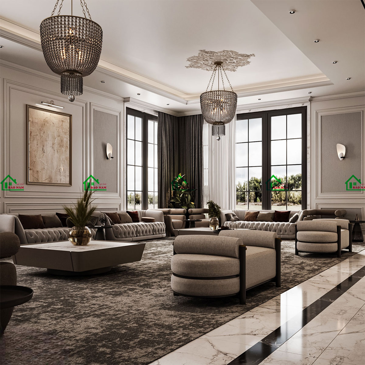 Mẫu thiết kế phòng khách tân cổ điển đẹp - view 2