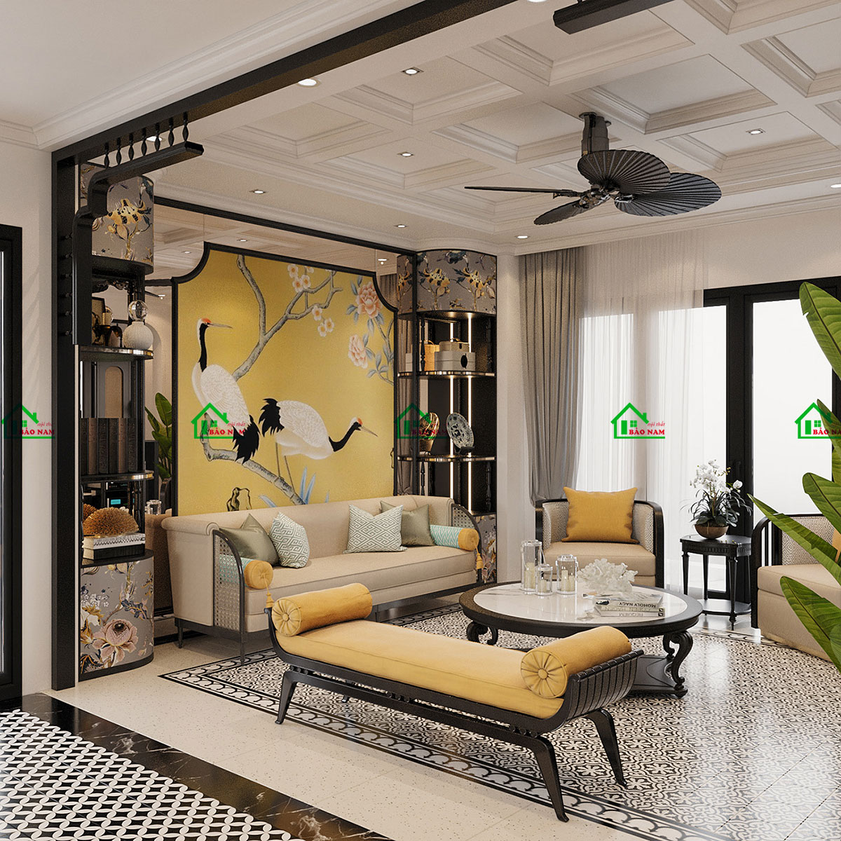Thiết kế phòng khách phong cách Indochine nghệ thuật