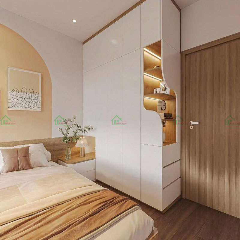 Góc cận cảnh phòng ngủ Japandi, nổi bật với sự kết hợp hoàn hảo giữa chức năng và thẩm mỹ, tạo cảm giác ấm áp