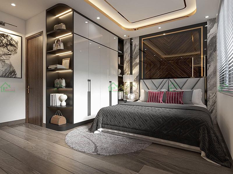 Nội thất phòng ngủ với chất liệu gỗ công nghiệp vân đẹp và cánh tủ acrylic sang trọng