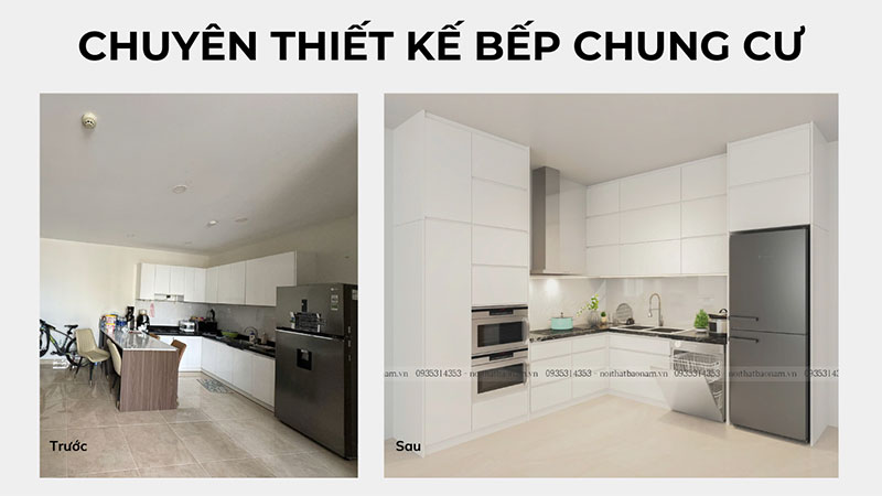 Ảnh so sánh trước và sau khi thiết kế và thi công lại bếp chung cư. Từ không gian bếp cũ, lộn xộn trở nên hiện đại, đơn giản, gọn gàng và tiện nghi hơn nhờ Nội thất Bảo Nam. Ảnh so sánh trước và sau khi thiết kế và thi công lại bếp chung cư. Từ không gian bếp cũ, lộn xộn trở nên hiện đại, đơn giản, gọn gàng và tiện nghi hơn nhờ Nội thất Bảo Nam.