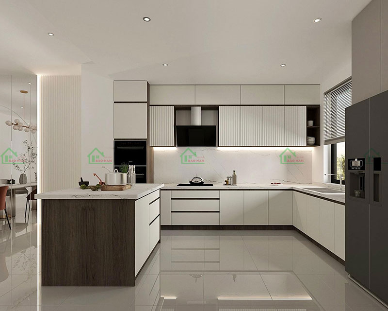Thiết kế bếp chung cư hiện đại theo phong cách Minimalist, nhấn mạnh sự đơn giản, tinh tế và tối giản trong từng đường nét, màu sắc và vật liệu.