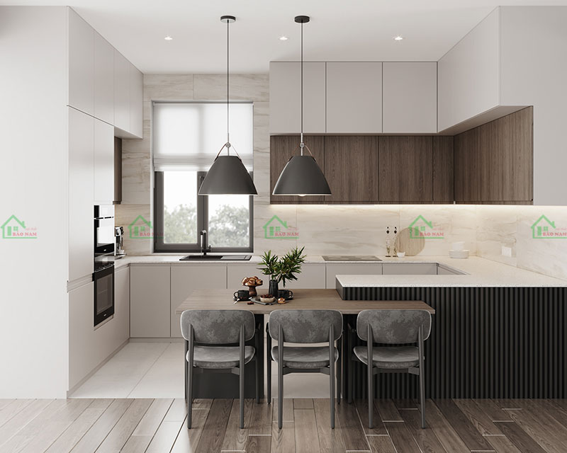 Thiết kế bếp chung cư hiện đại theo phong cách Scandinavian, sử dụng gam màu trắng sáng & gỗ tự nhiên, tạo nên không gian bếp ấm cúng và tươi sáng.