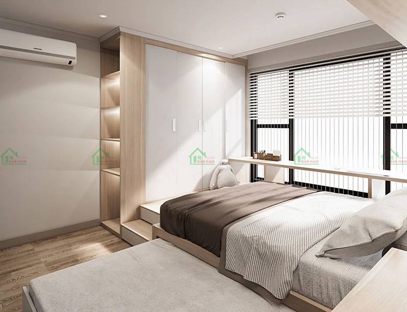 Thiết kế giường ngủ hiện đại, tích hợp tủ quần áo cánh lùa