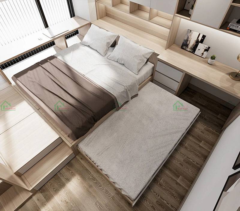 Thiết kế phòng ngủ hiện đại với giường ngủ đa năng tích hợp bàn làm việc và giường phụ, tối ưu không gian sống