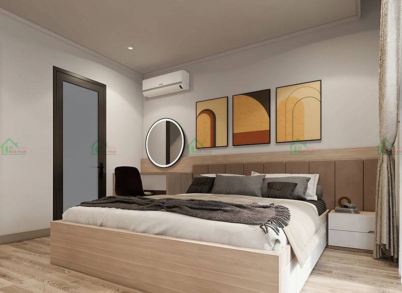 Giường ngủ thấp, bàn trang điểm hiện đại và gương tròn, tạo điểm nhấn cho không gian