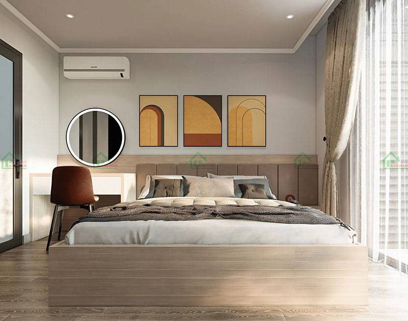 Phòng ngủ hiện đại với cửa sổ lớn và rèm cửa tinh tế, mang lại ánh sáng tự nhiên và không gian thoáng đãng