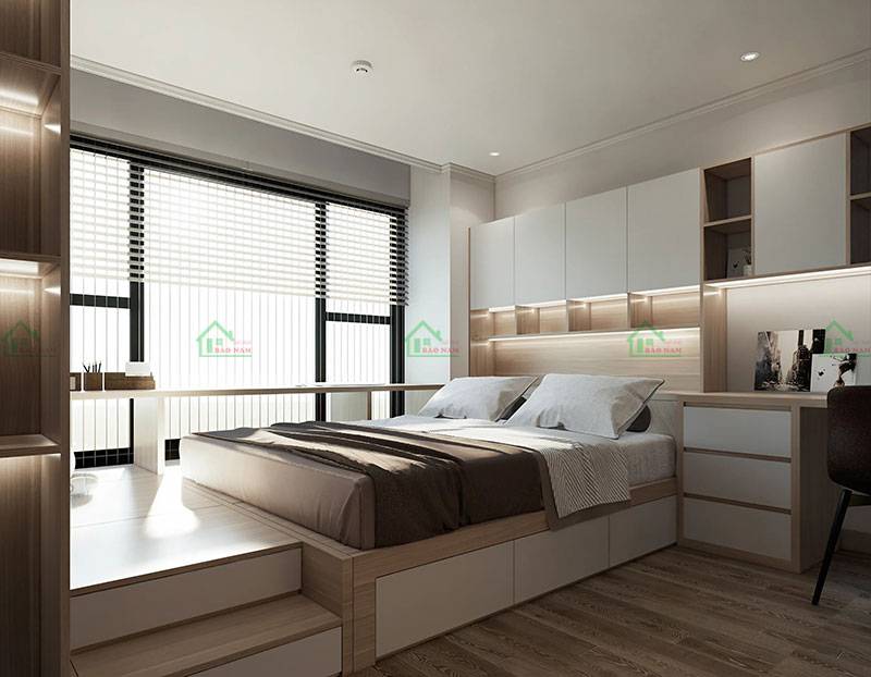 Thiết kế phòng ngủ sang trọng và tinh tế với gam màu nhẹ nhàng, tạo không gian thư giãn thoải mái