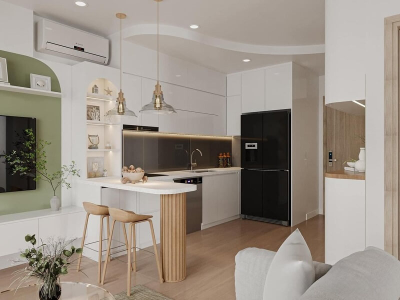Thiết kế mở giữa phòng khách, phòng bếp hài hòa, tiện nghi
