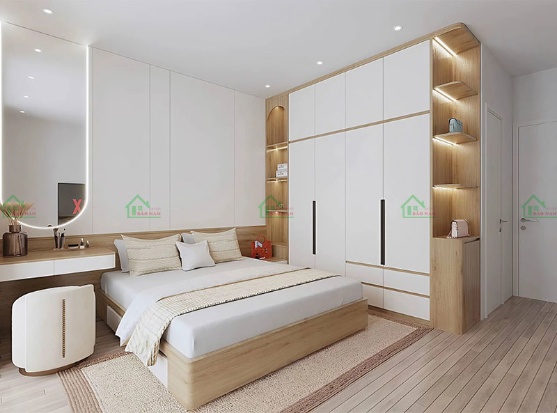 Phòng ngủ hiện đại với tủ quần áo kịch trần tích hợp đèn LED, giải pháp lưu trữ thông minh và tiết kiệm không gian