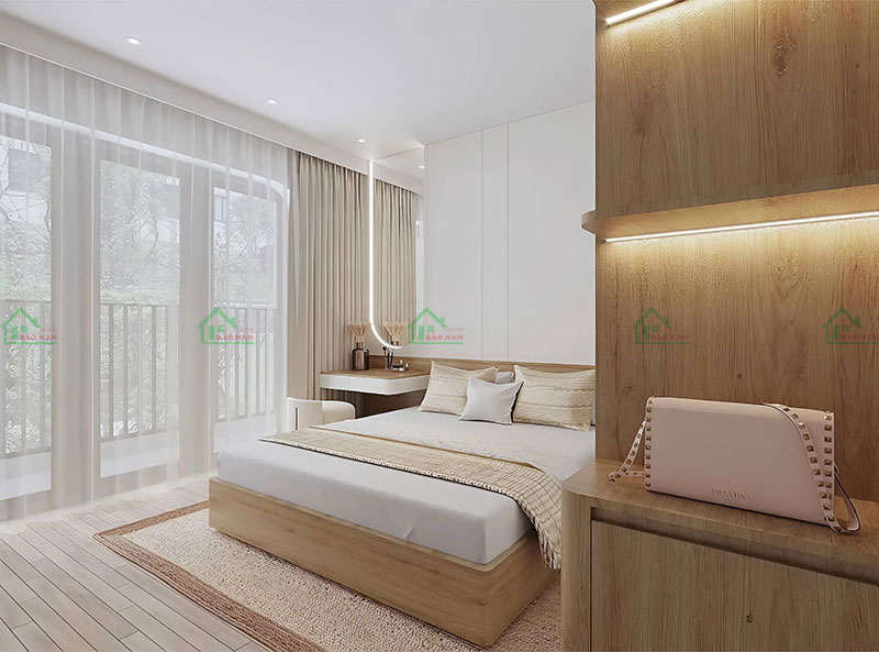 Bàn trang điểm nhỏ gọn và tinh tế với gương tròn, tạo điểm nhấn nhẹ nhàng và tiện nghi cho không gian phòng ngủ.
