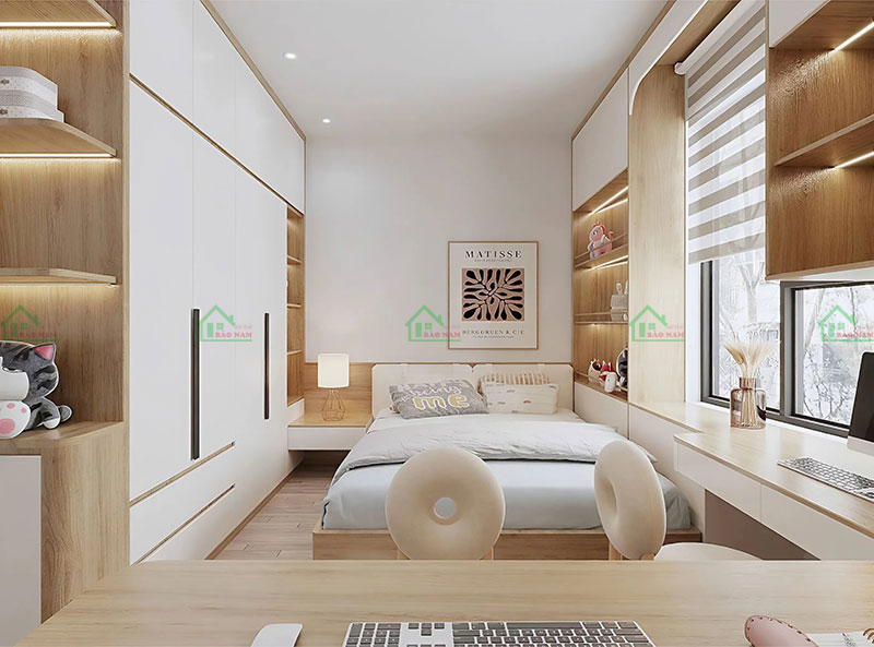 Phòng ngủ đa năng cho bé: Vừa là nơi nghỉ ngơi, vừa là góc học tập, với bàn học rộng rãi và nhiều ngăn chứa đồ tiện lợi