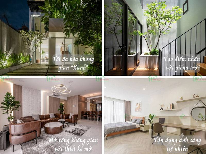 Tạo điểm nhấn cho nhà lô phố với giếng trời, mang ánh sáng tự nhiên vào bên trong và tạo nên không gian thoáng đãng, hiện đại.