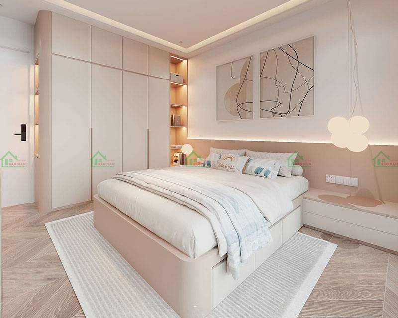 Thiết kế phòng ngủ chung cư hiện đại với tông màu hồng pastel nhẹ nhàng, thoải mái