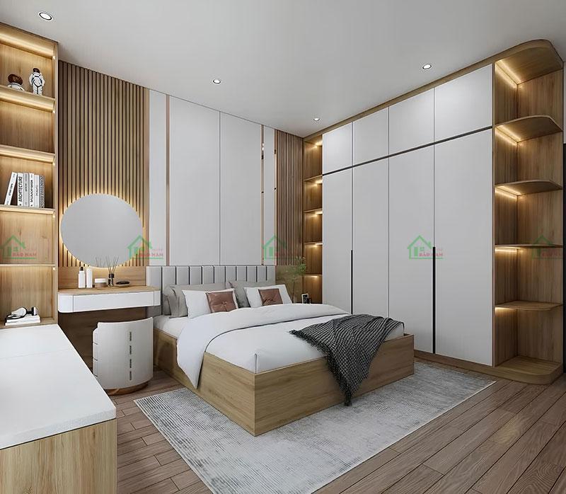 Phòng ngủ hiện đại với nội thất thông minh, tích hợp đa chức năng, phù hợp với lối sống năng động.