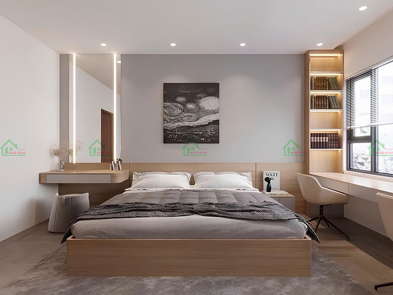 Phòng ngủ hiện đại với giường thấp và các chi tiết nội thất tối giản, thể hiện rõ triết lý