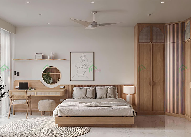 Không gian phòng ngủ ấm áp, kết hợp giữa nét tinh tế của Nhật Bản và sự mộc mạc của Bắc Âu, mang đến sự cân bằng hoàn hảo.