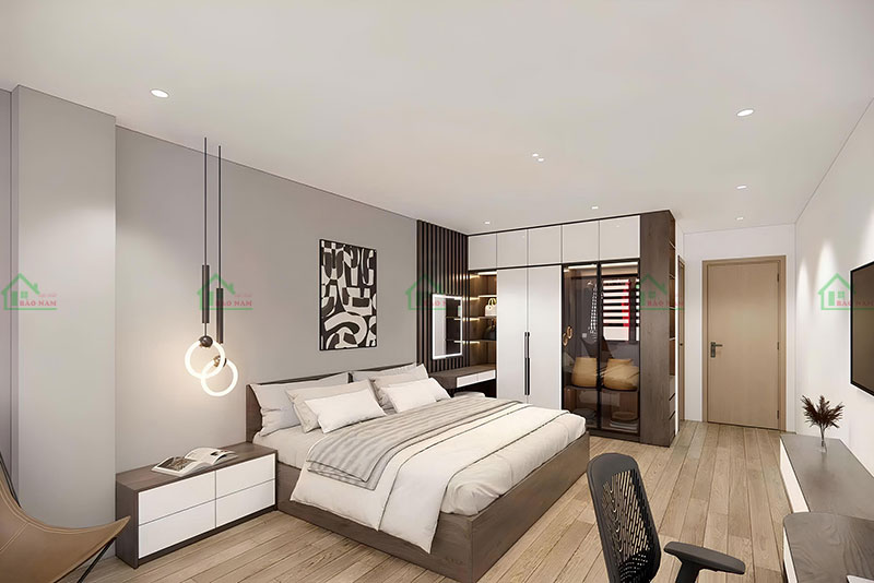 Phòng ngủ phong cách Contemporary với thiết kế hiện đại, sử dụng màu sắc táo bạo và các đường nét mềm mại, tạo cảm giác thoải mái.