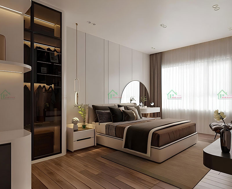 Hệ thống chiếu sáng tinh tế trong phòng ngủ, kết hợp giữa ánh sáng tự nhiên và đèn trang trí, tạo nên không gian đầy cảm xúc.